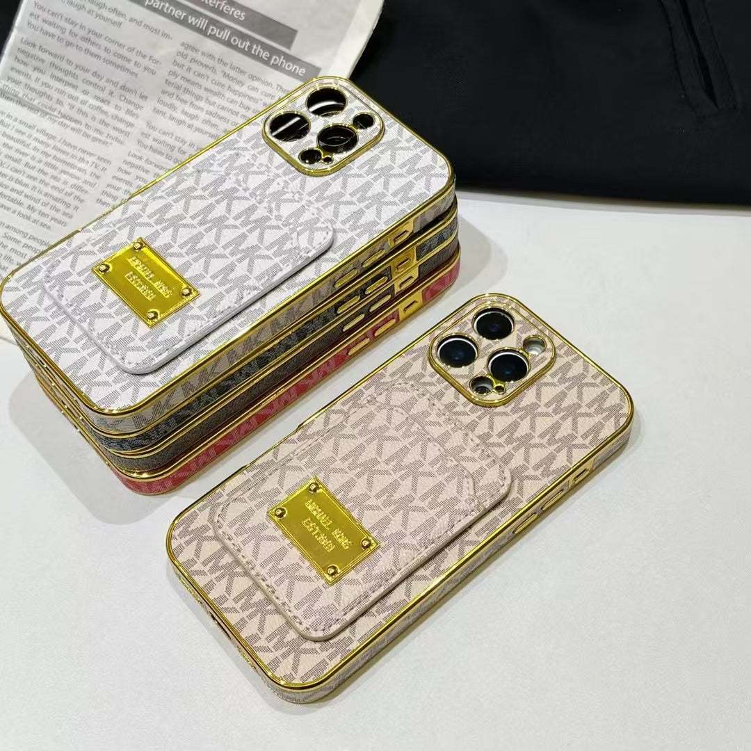 Luxury MK Monogram Phone Cases with Gold-Plated Accents